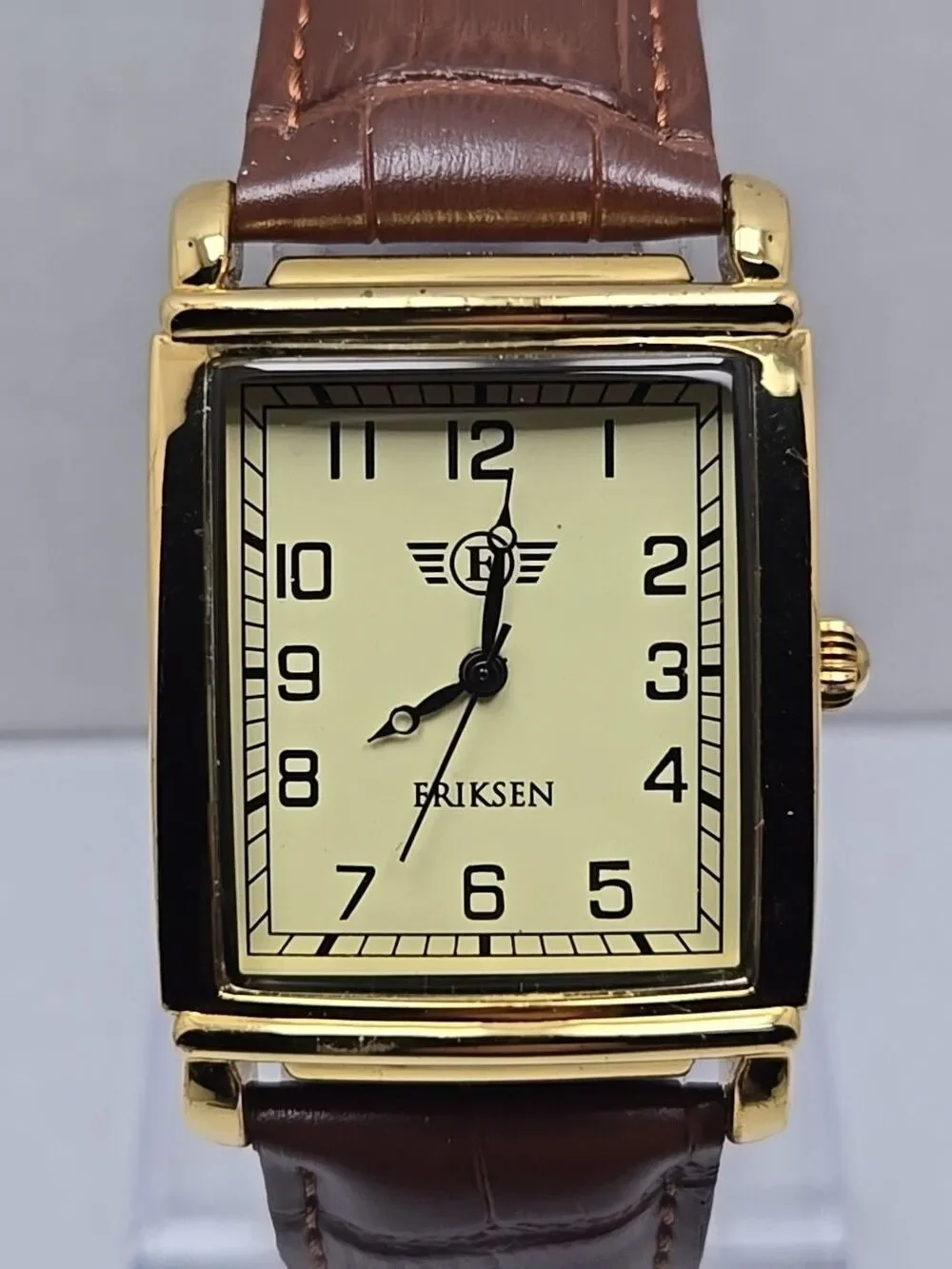 Eriksen The Classic Mens Gold Tone 30mm .Tank Watch New Battery Brown Leather